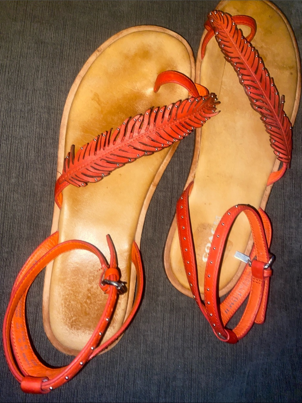 Coach Orange Feather-Trim Studded Women's Sandals Rare color